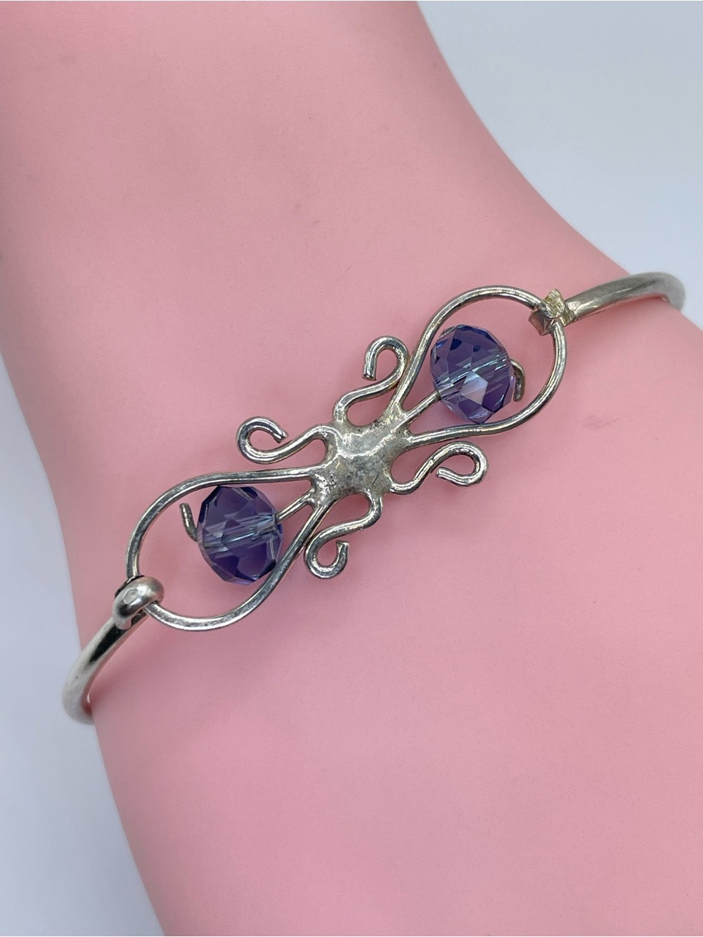 Silver Tone Purple Crystal Glass Beaded Bangle Bracelet Scrollwork Statement